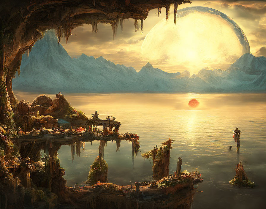 Fantasy landscape with giant moon, snowy peaks, sea, rock formations, ruins