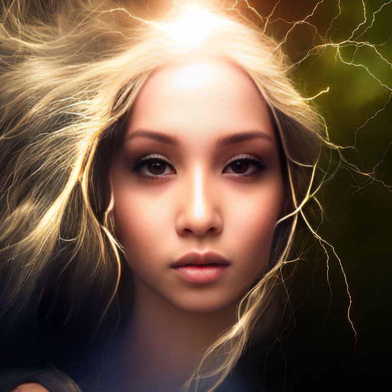 Digital artwork: Woman with glowing hair and lightning, exuding elemental power.