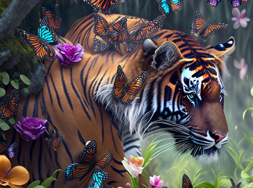 Majestic tiger with butterflies and flowers in mystical scene