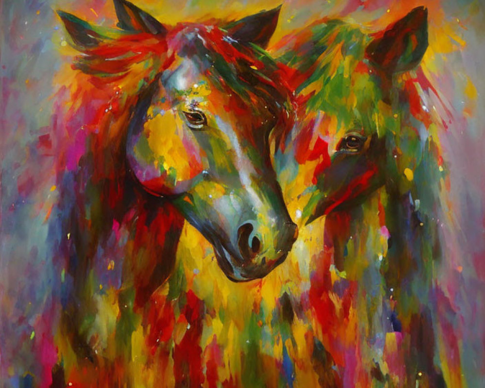 Vibrant abstract painting of two horses in red, yellow, and blue blend