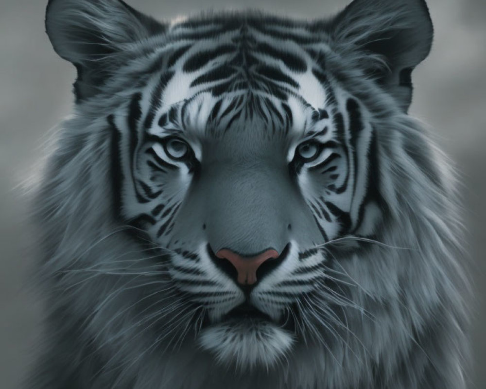 Detailed close-up of serene white tiger with black stripes in digital painting