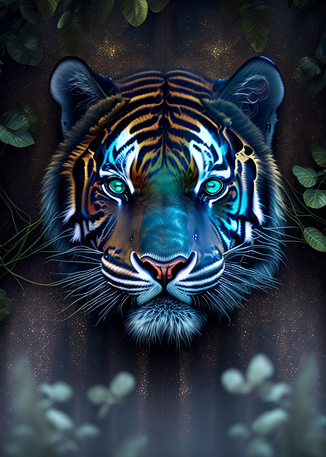 Vibrant blue-eyed tiger face in stylized jungle setting