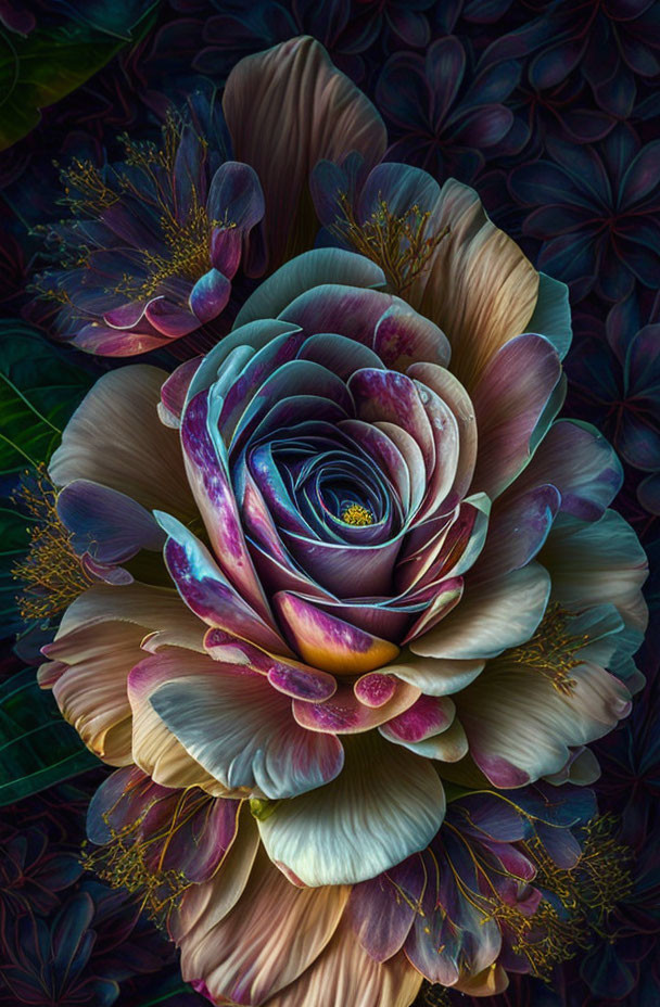 Colorful layered flower digital art on dark background with floral patterns