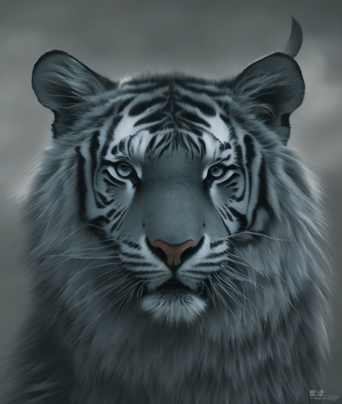 Detailed close-up of serene white tiger with black stripes in digital painting