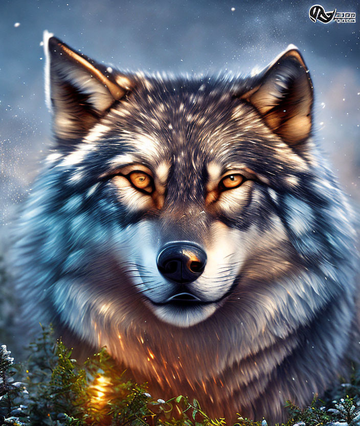 Detailed close-up of a wolf with orange eyes in snowy forest.