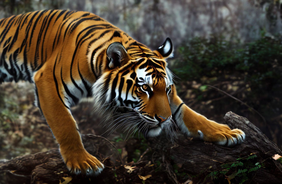 Majestic tiger with orange and black stripes in misty forest pose