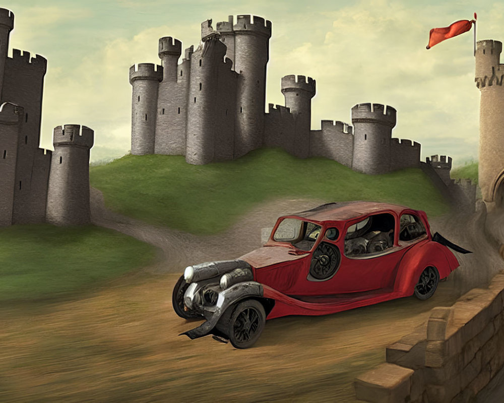 Vintage red car driving past majestic castle on dirt road