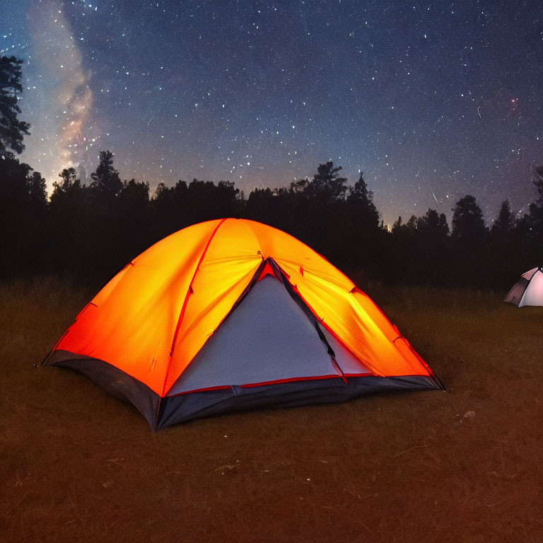 Starry Night Sky Illuminated Tent in Tranquil Wilderness