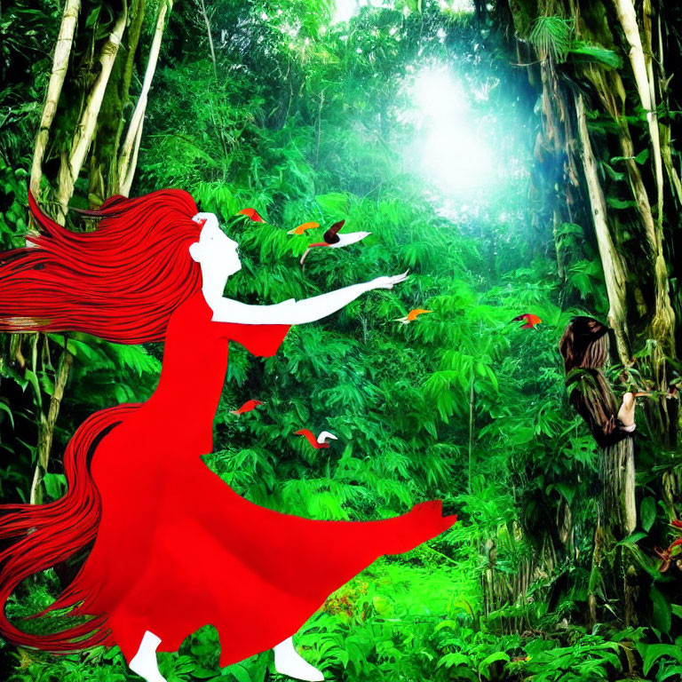 Woman in Red Dress Dancing in Lush Jungle with Birds and Sloth
