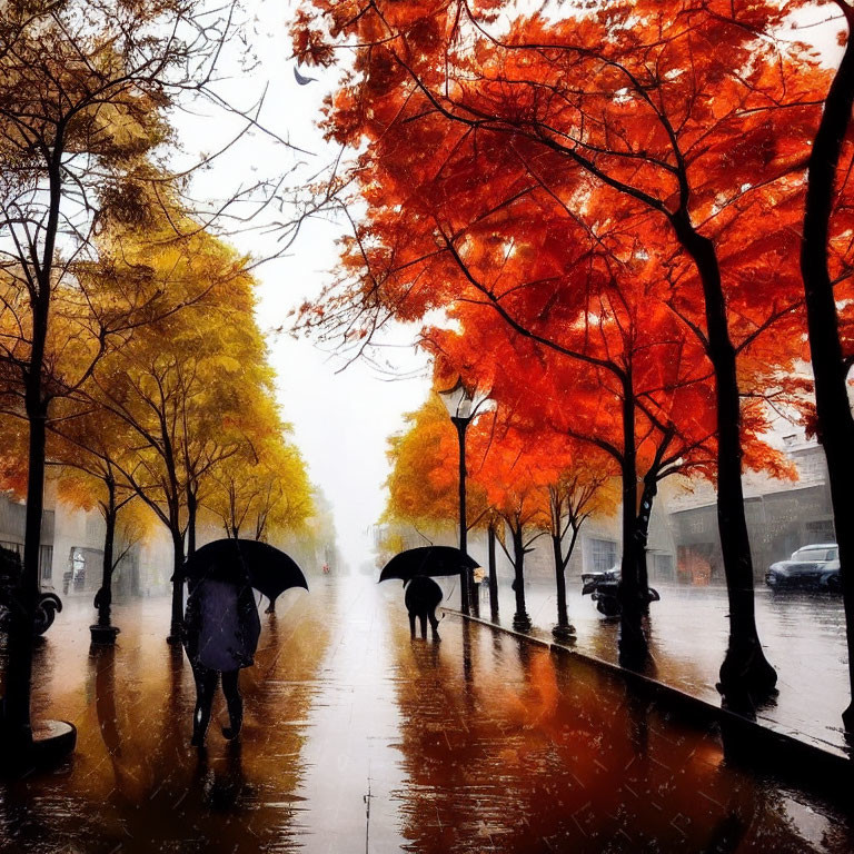Rainy Street Scene: Yellow and Red Trees, Reflecting on Wet Pavement, Two People with