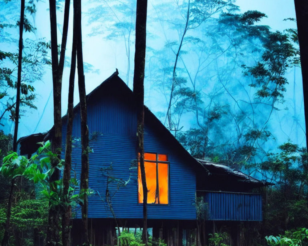 Blue cabin with lit window in misty forest twilight