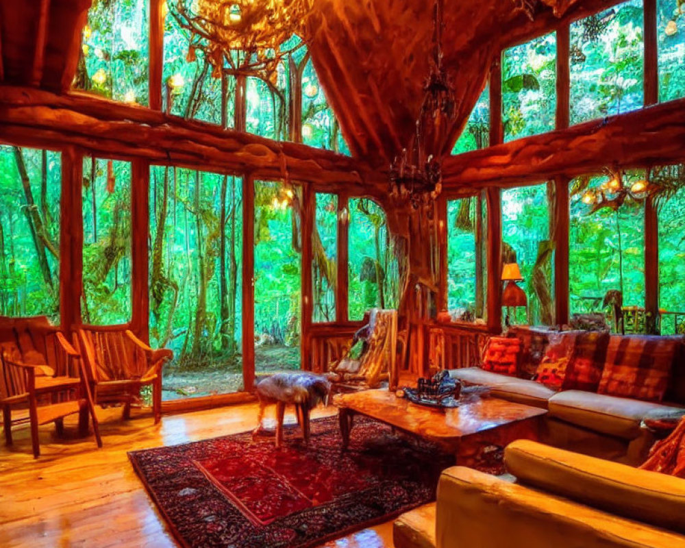 Cozy Rustic Wooden Cabin Interior with Antler Chandelier