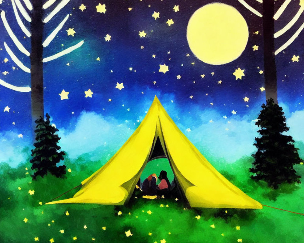 Colorful painting of yellow tent under starry night sky with silhouettes.