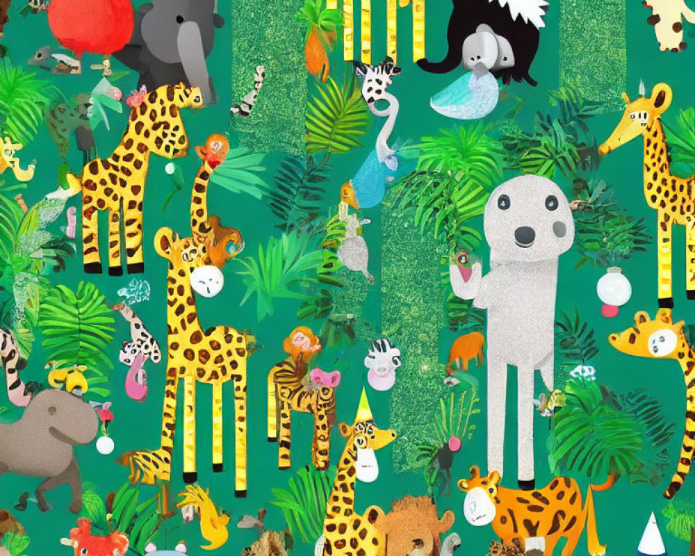 Vibrant jungle animal illustration with giraffes, sloth, and lion in lush tropical setting