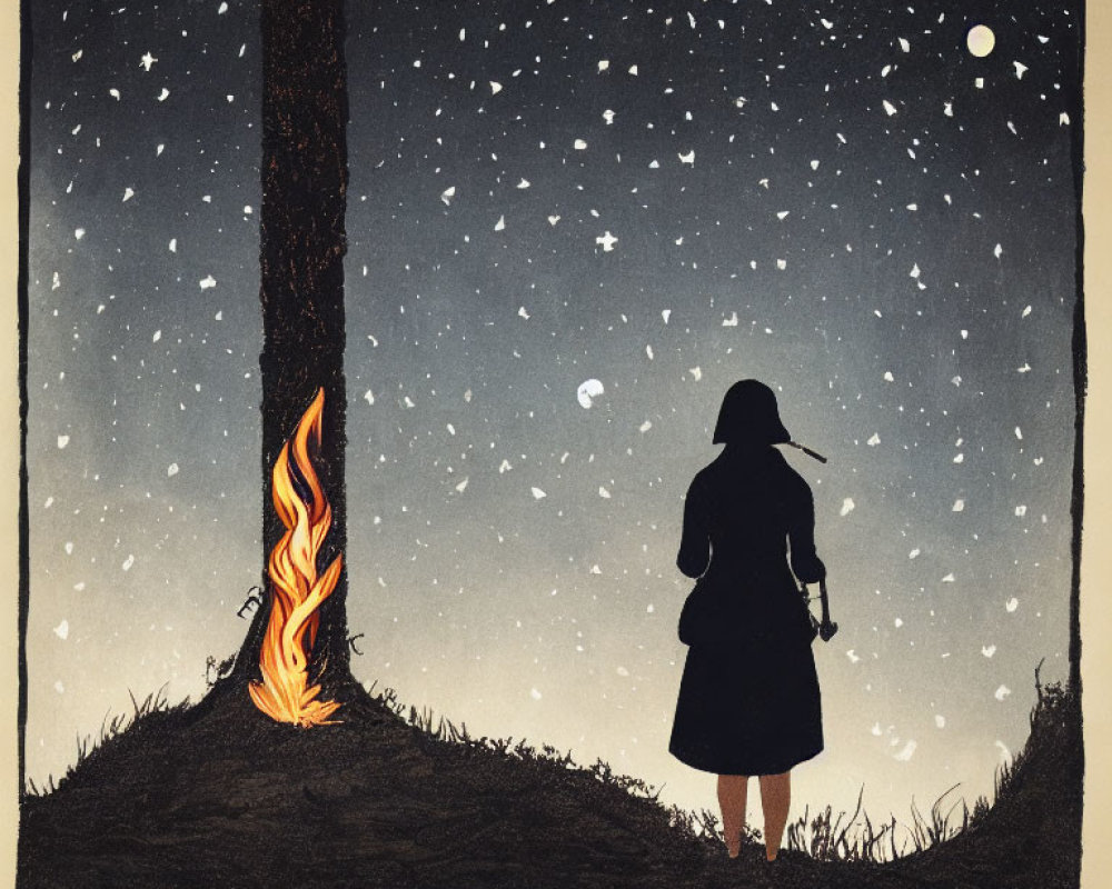 Silhouette of person by tree with fire under starry night sky