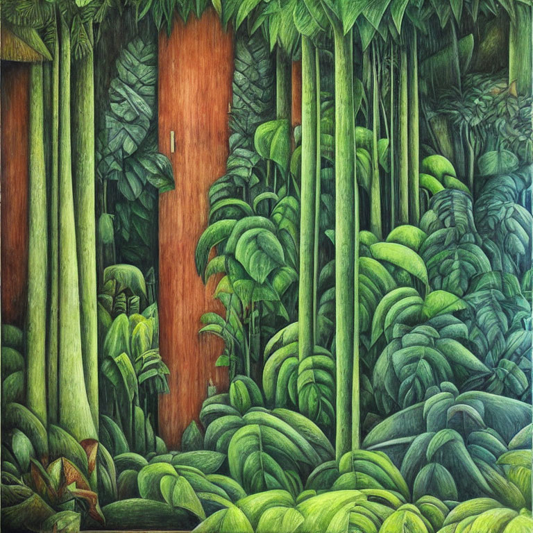 Detailed Painting of Lush Jungle with Towering Trees