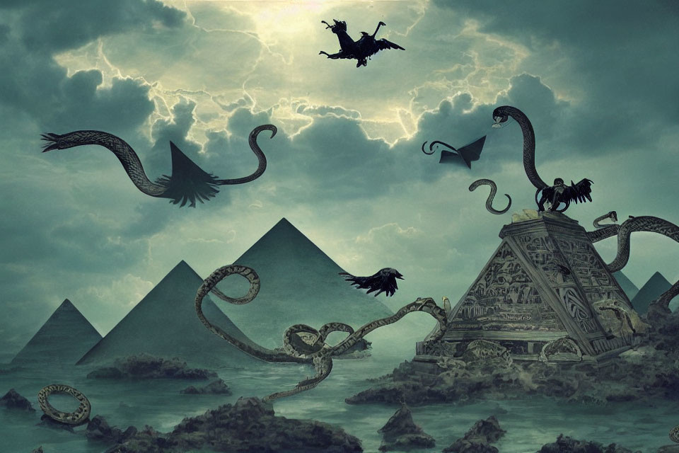 Fantasy scene: flying dragons, octopus, pyramids, stormy sky