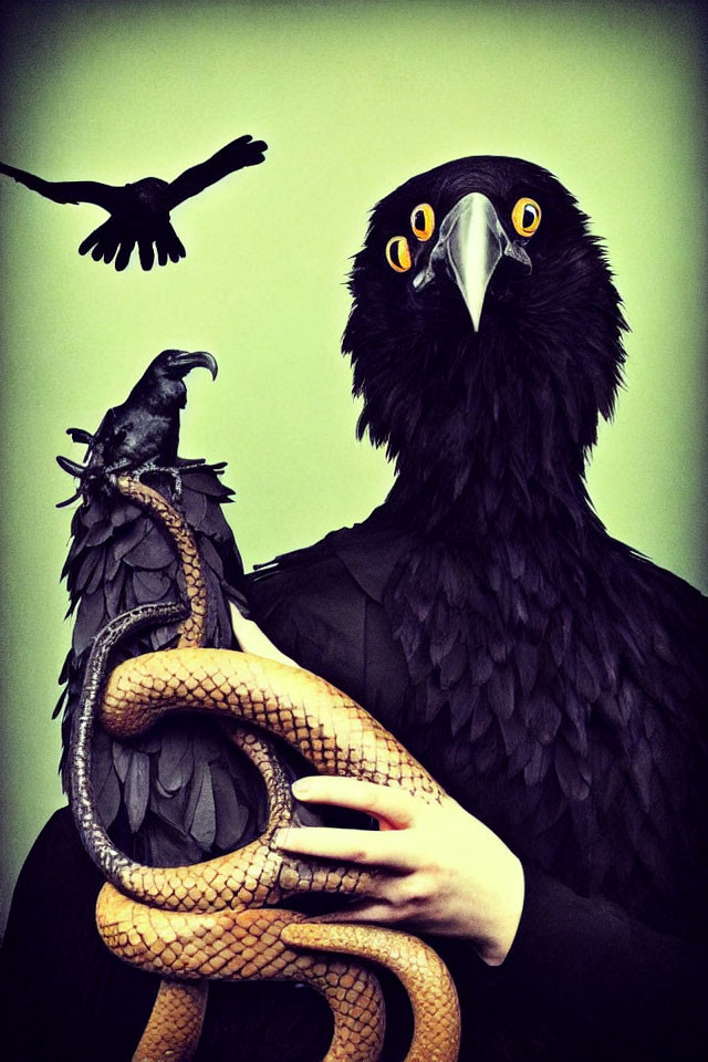 Person in Black Eagle Costume Holding Snake Against Green Background