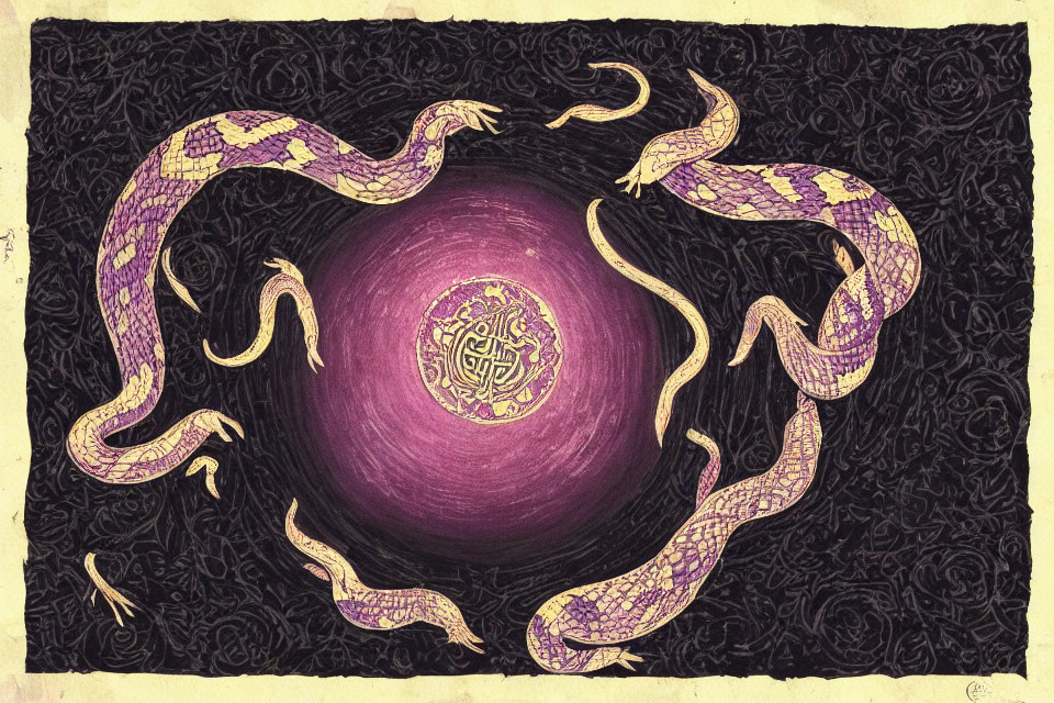 Intricate Purple and Gold Serpents Emerging from Swirling Vortex
