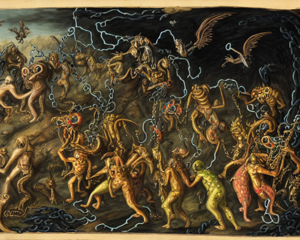 Surreal dark art: Monsters and myths in chains under stormy sky
