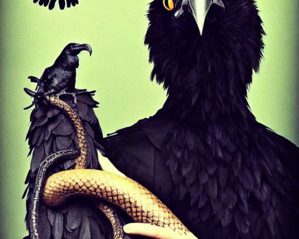 Person in Black Eagle Costume Holding Snake Against Green Background