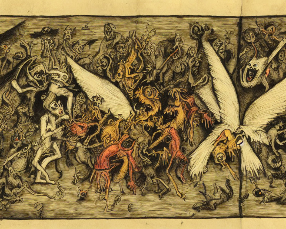 Detailed fantasy etching with winged creatures and bizarre beings