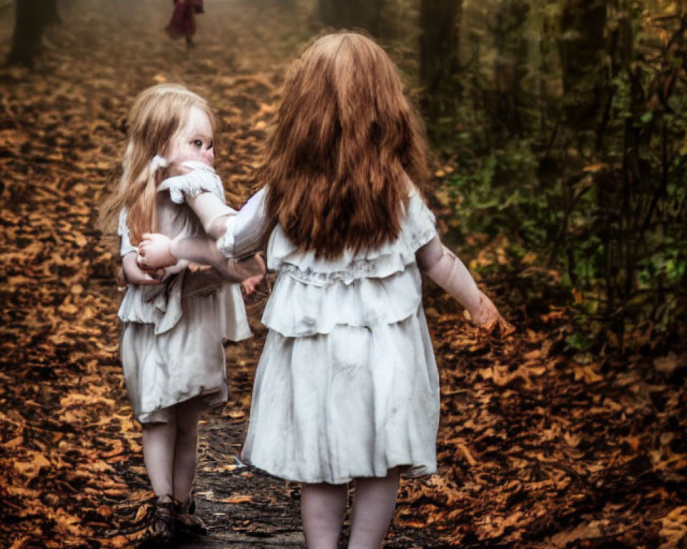 Young girls in white dresses holding hands on misty path with distant silhouette