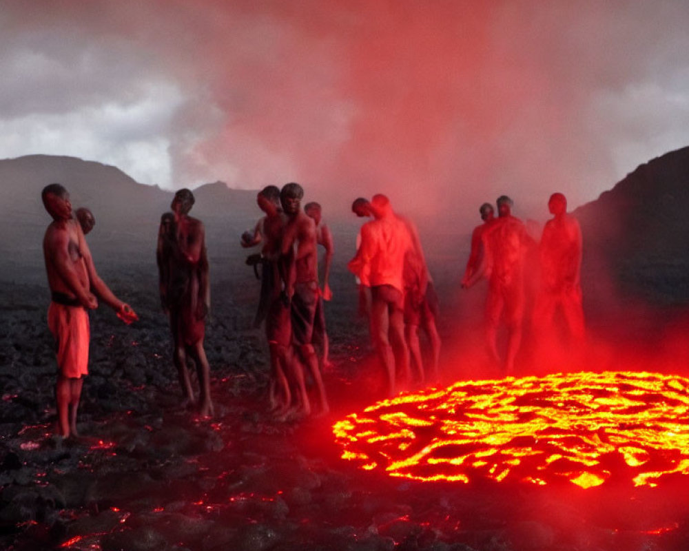 Group of people near active lava flow at twilight with smoke and red glow