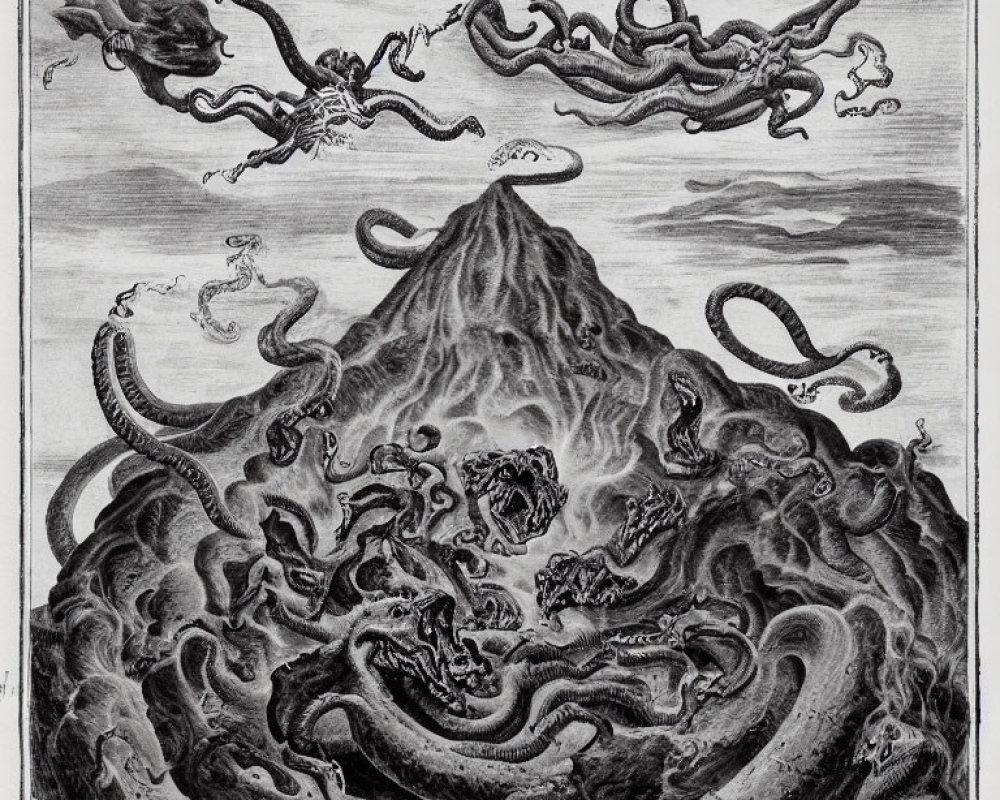 Monochrome etching of serpentine creatures in chaotic sea around volcanic island