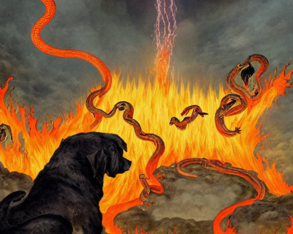 Black Dog in Surreal Fiery Lava Landscape