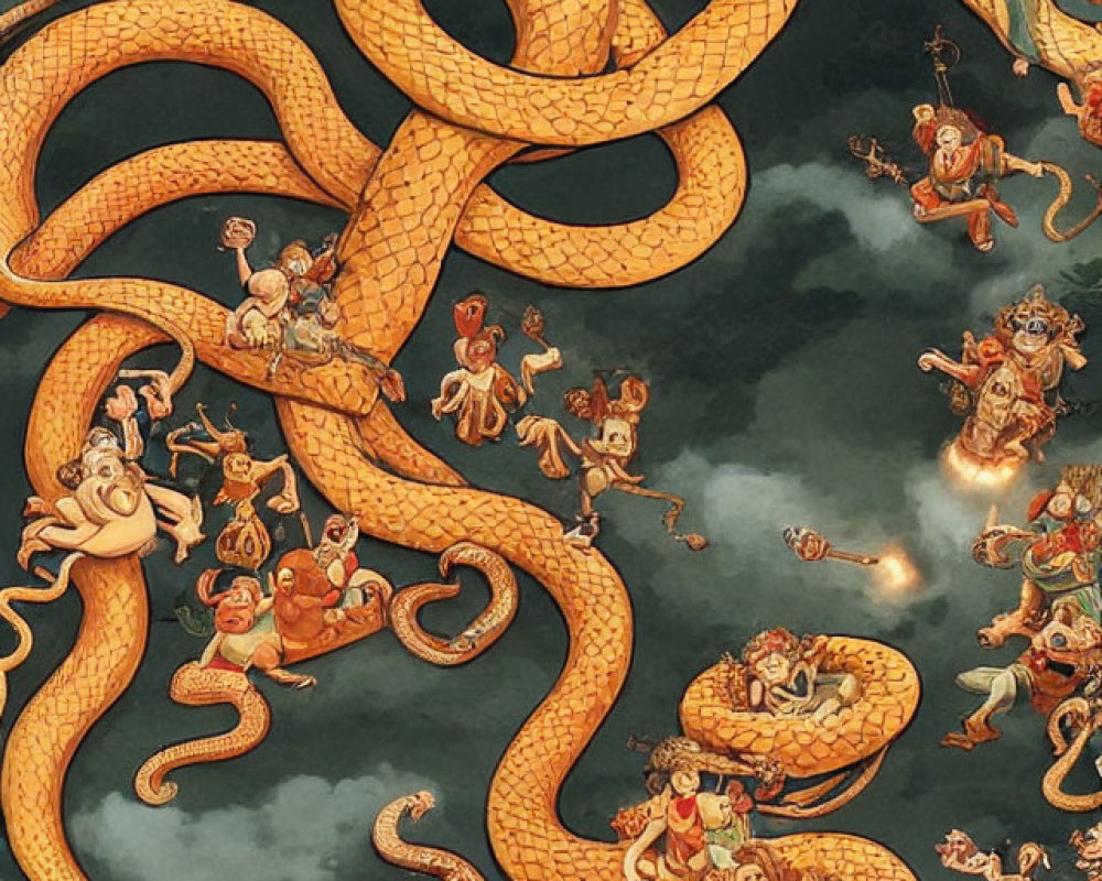 Traditional Asian-style illustration: Golden dragon surrounded by mythical characters in clouds