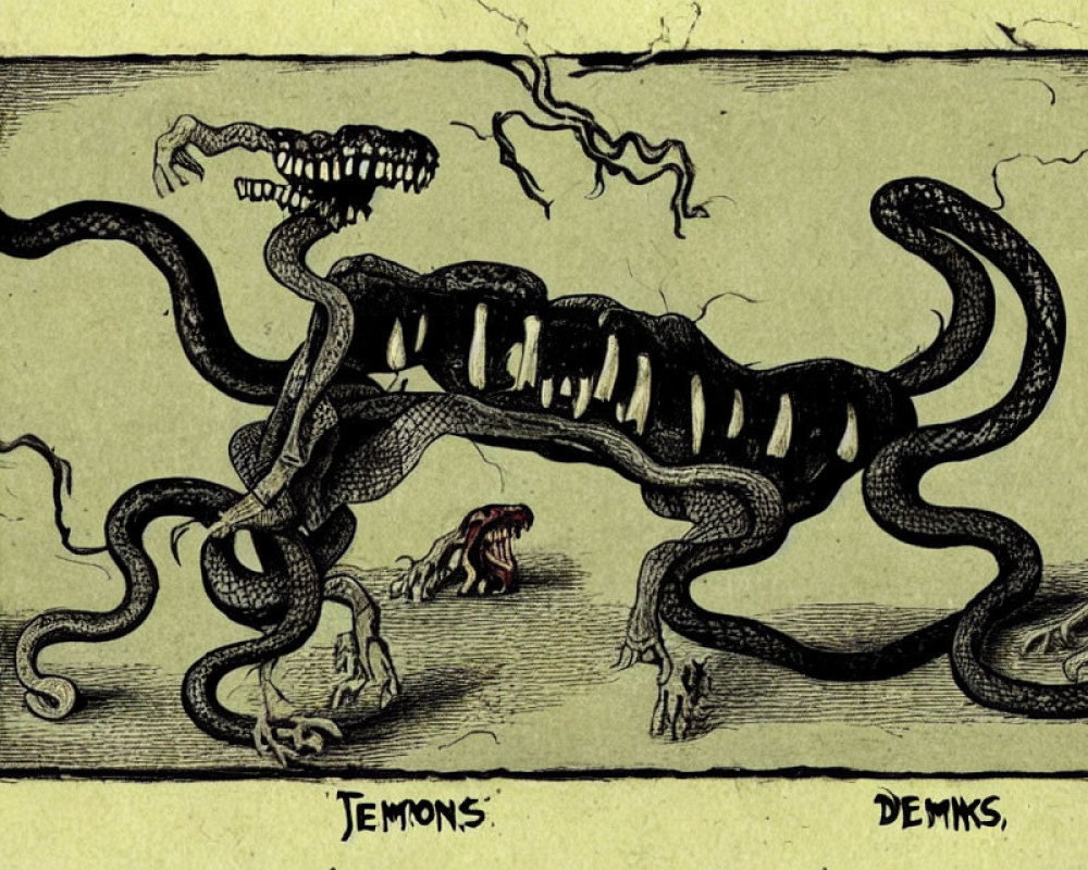 Illustration of skeletal creature with snake-like features and multiple heads