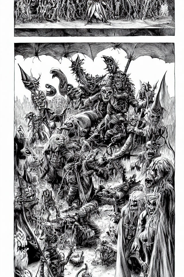 Detailed Black-and-White Illustration of Chaotic Fantasy Battle