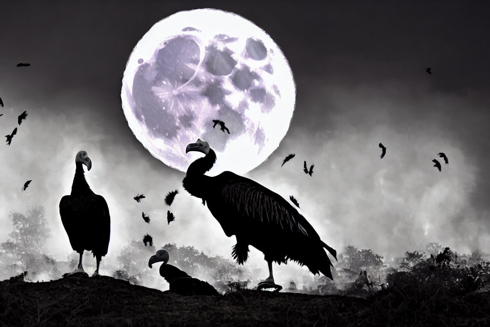 Monochrome image of vultures under detailed moon and flying birds in misty backdrop