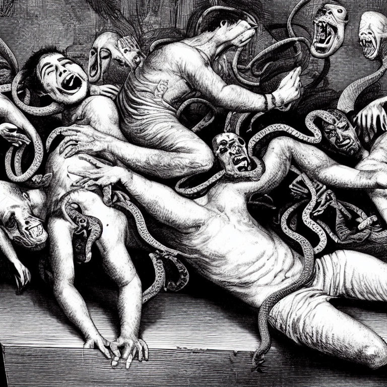 Monochrome chaotic scene with distressed human figures and serpentine creatures