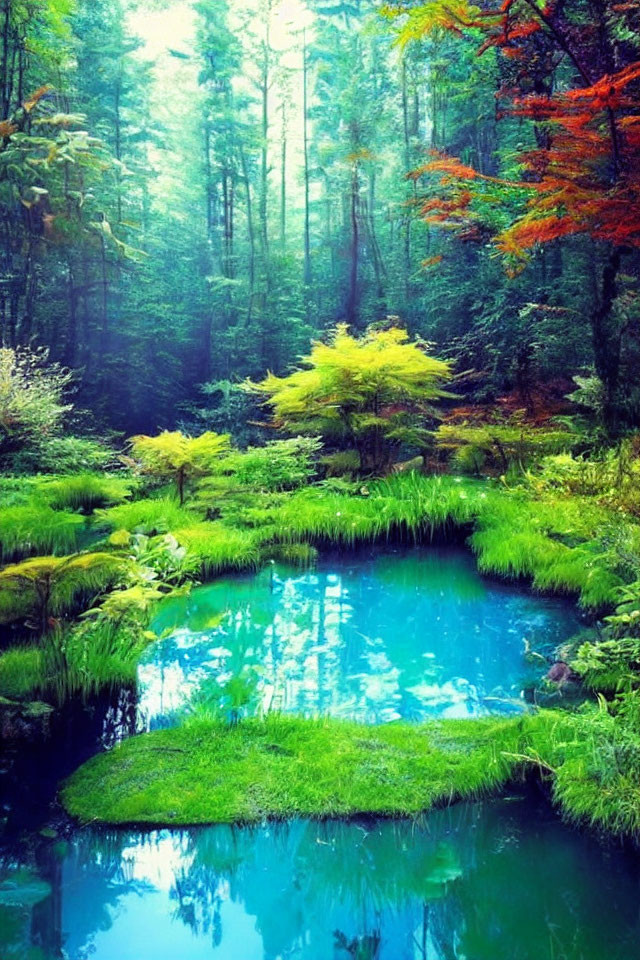 Tranquil Pond with Blue Water and Lush Forest Scene