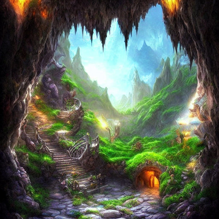 Fantasy landscape with green valley, staircases, mountains, and glowing entrance