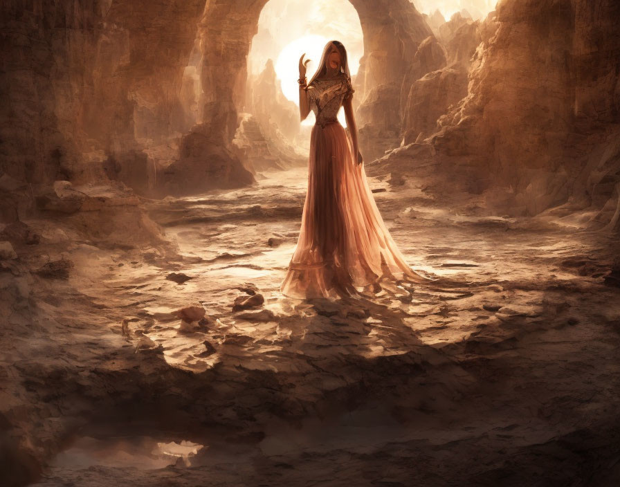 Woman in flowing dress in sunlight-filled cavern, hand raised in wonder.