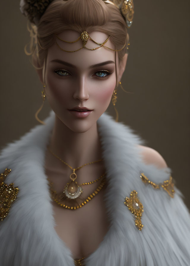 Elegant digital portrait of a woman in gold jewelry and fur coat