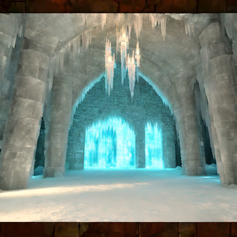 Majestic ice cave with blue glow, icicles, and arched entrances