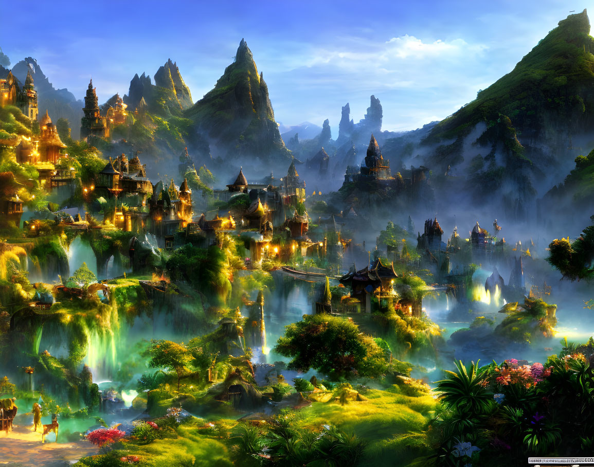 Ethereal city in fantasy landscape with mountains and waterfalls