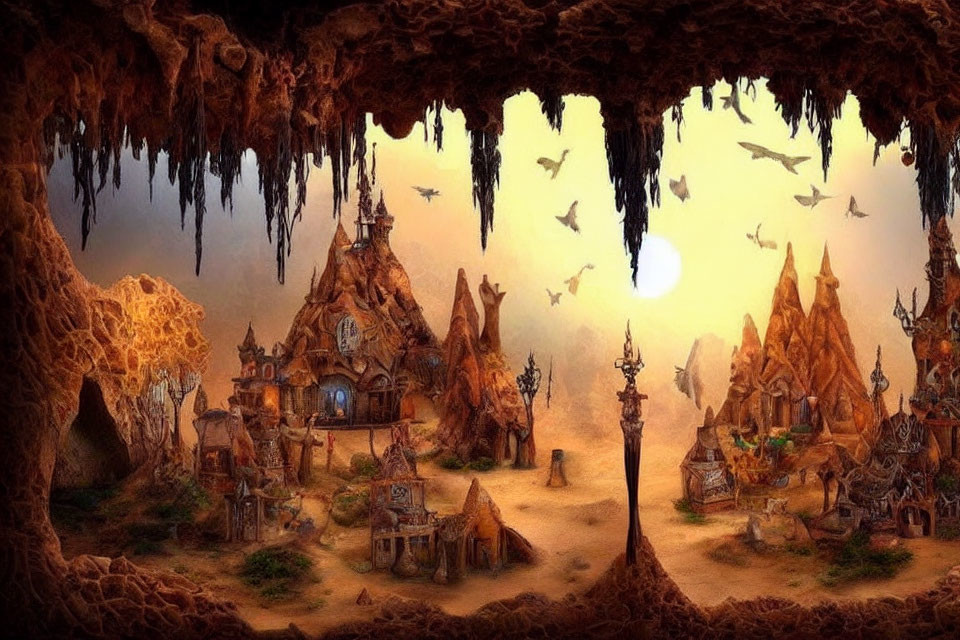 Fantasy cave cityscape with orange hues, rock-carved houses, stalactites, and flying