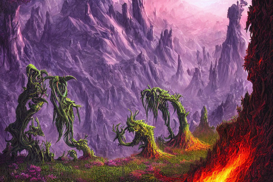 Colorful fantasy landscape with green tree-like figures, purple mountains, and fiery river