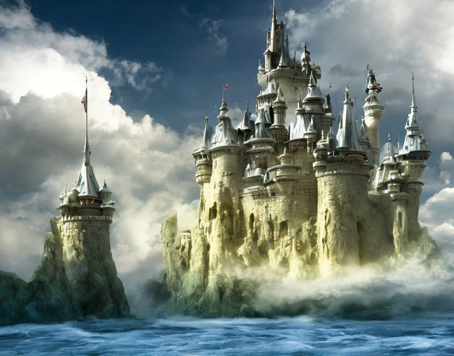 Enchanting castle on rugged cliffs amid swirling mist and ocean waves