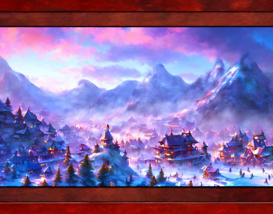 Snowy village painting: Traditional buildings in valley under purple and orange dusk sky