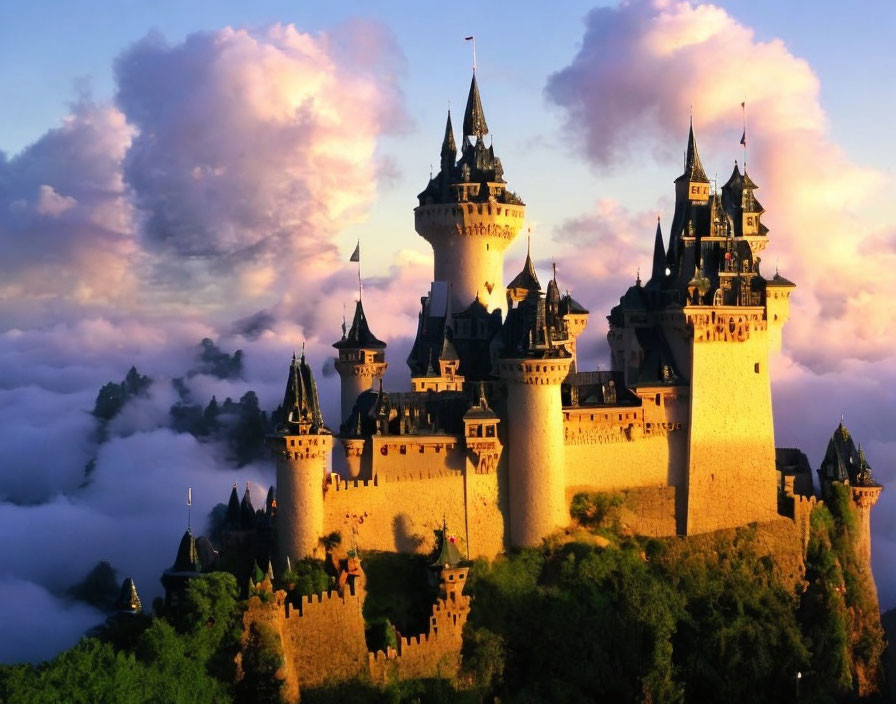 Majestic castle with multiple spires in golden light