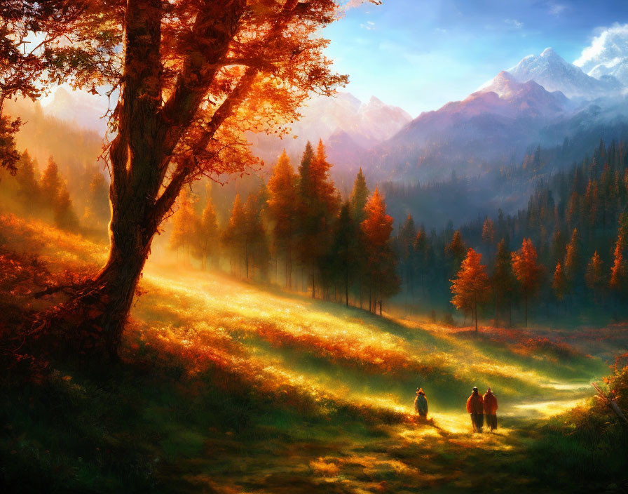 Tranquil autumn forest scene with two people walking by mountains