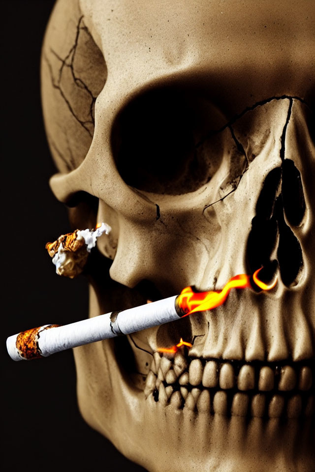 Human Skull with Lit Cigarette Emitting Smoke on Dark Background