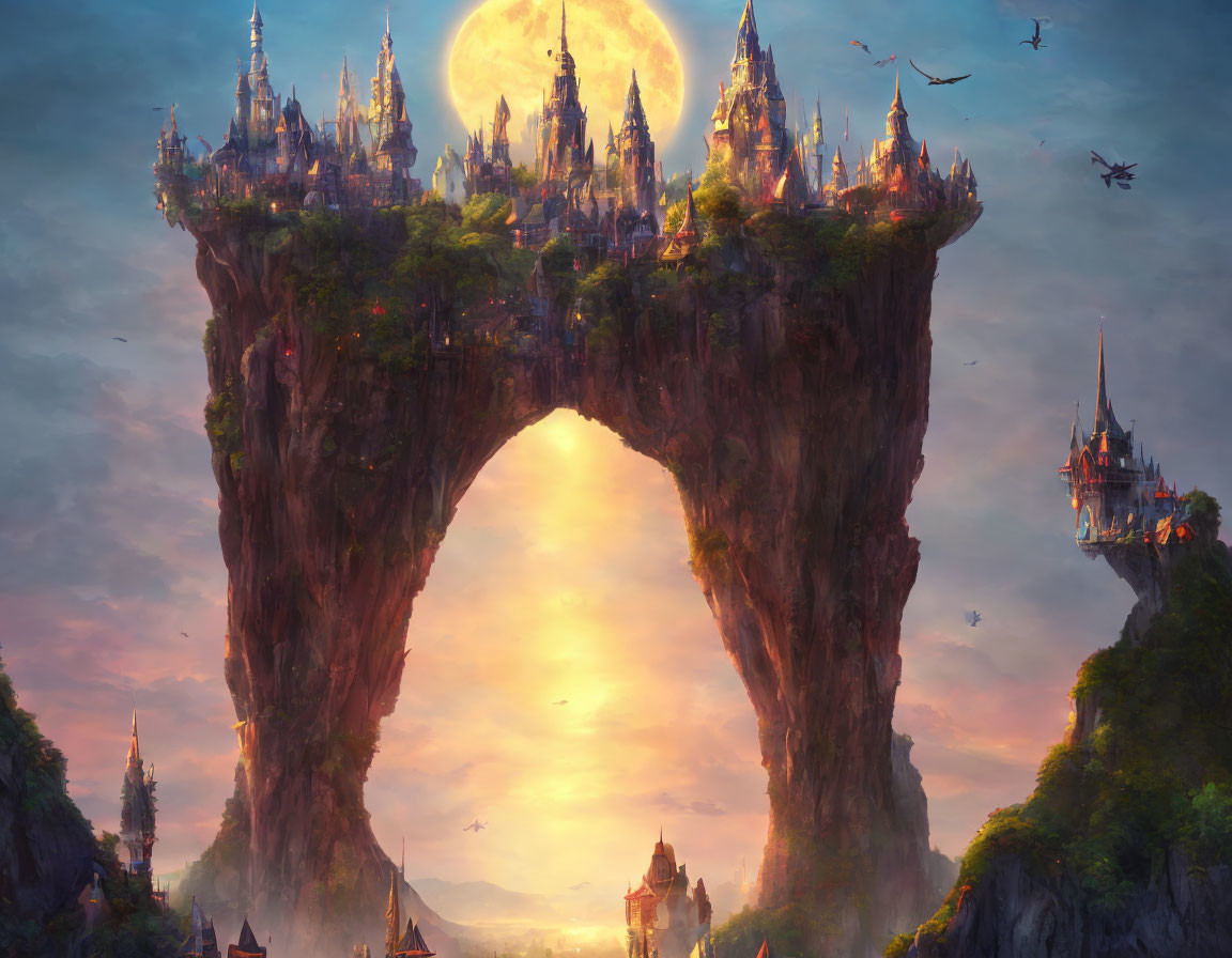 Fantasy city on rock arch with dragons and spires at sunset