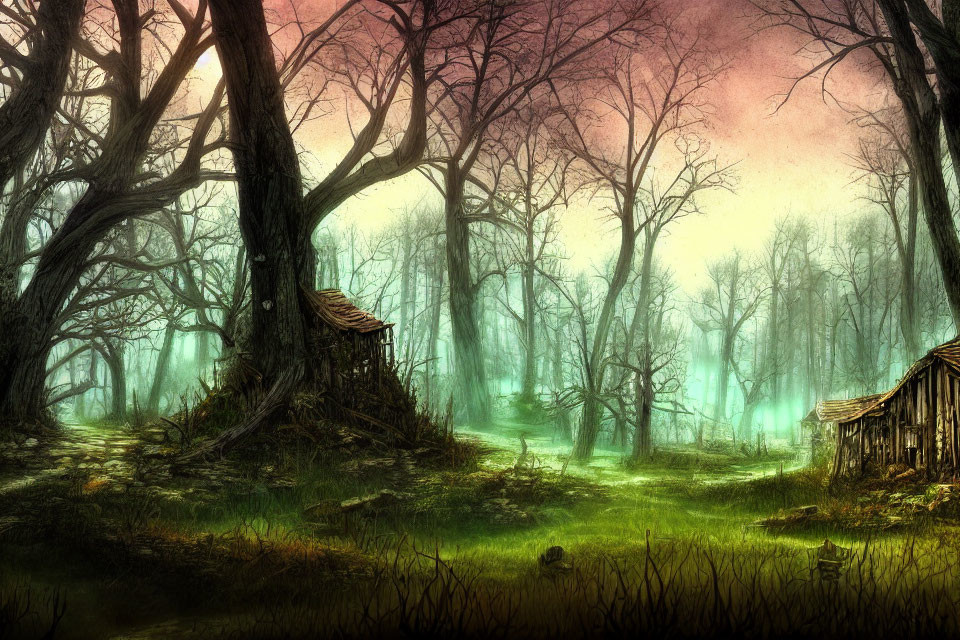 Mystical forest with bare trees, ethereal fog, abandoned huts, transitioning sky